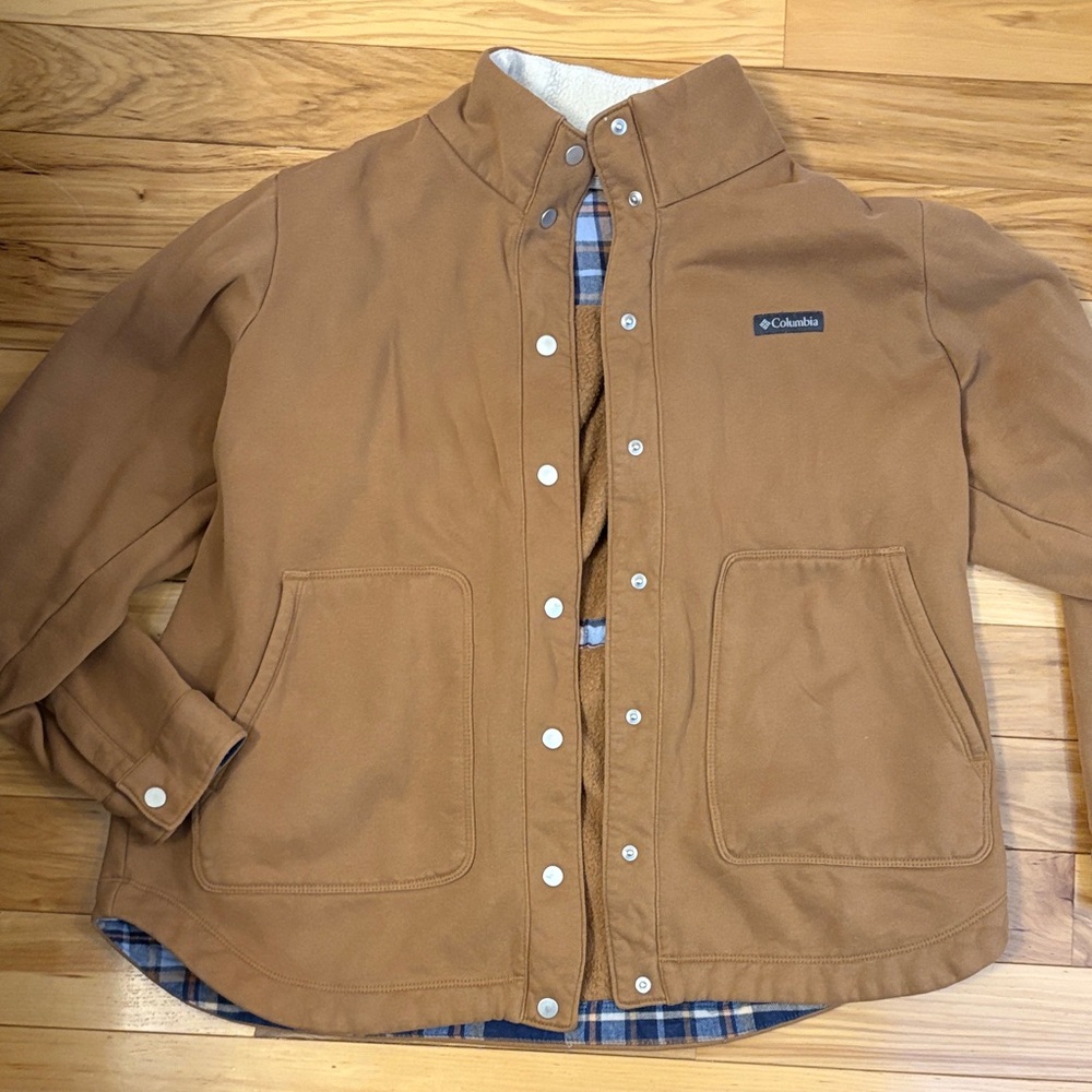 Columbia Women's Tan Brown Jacket with Blue Plaid Inner Trim